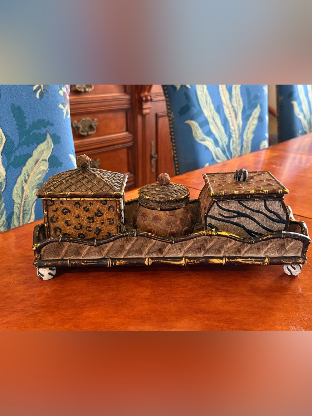 Vintage 4-Piece Safari Animal Print Canister Set with Decorative Tray
